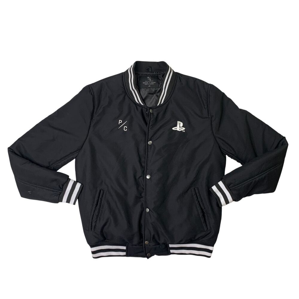 P/C Peace Collective Jacket Mens L Large Black Varsity Snap PlayStation Collab